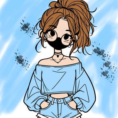 girl with a messy ponytail glasses a baggy crop top and jean shorts