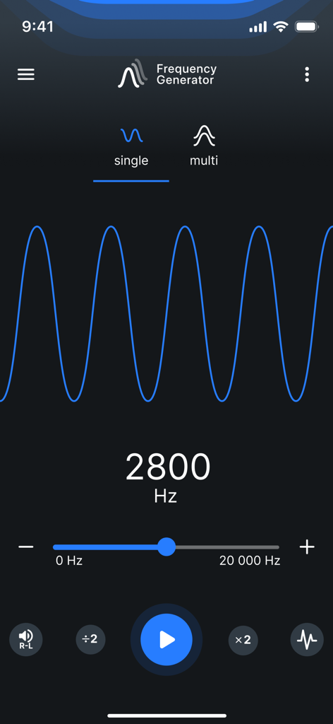 Frequency Generator (Sound) - Mobile application interface for Frequency Generator showing a 2800 Hz sine wave with controls and slider