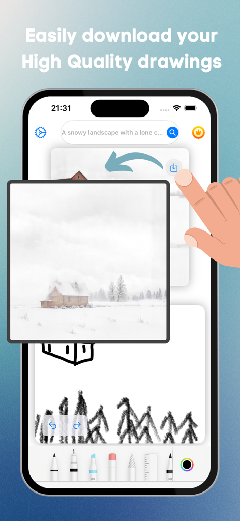 Shake Brush & AI Painting - La interfaz de la aplicación Shake Brush que muestra la opción de descargar dibujos de alta calidad generados por IA.