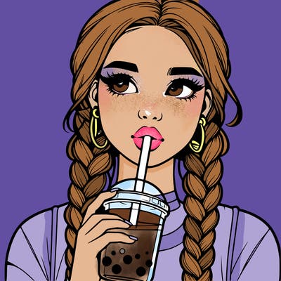 realistic girl with braided hair drinking boba