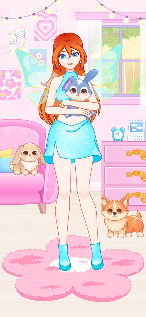 BFF Dress Up - Princess Doll - Fairy princess character holding a blue bunny with pets in a pink room