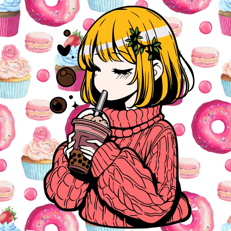 manga girl drinking boba in cozy sweater