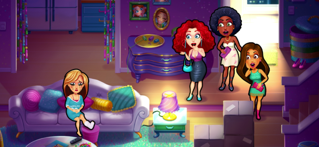 패뷸러스 스윗 리벤지의 안젤라가 충격에 빠진 친구들이 지켜보는 가운데 소파에 앉아 울고 있는 모습