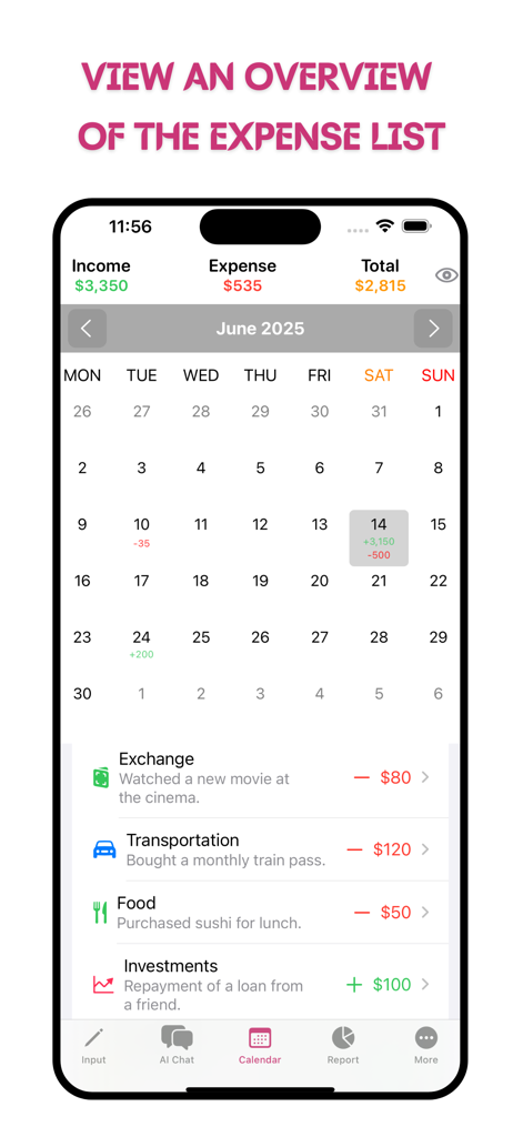 MoneyBay: Expense Manager - MoneyBay app interface showing a monthly calendar view with categorized daily income and expenses