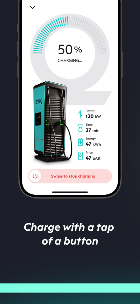 EVIQ: EV Charging Network - EVIQ app screen showing 50% EV charging progress with real-time stats including power and time