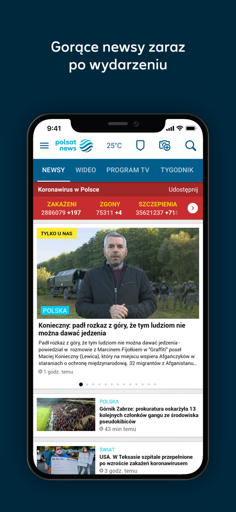 Polsat News - The Polsat News mobile app home screen showing Polish news headlines and video content