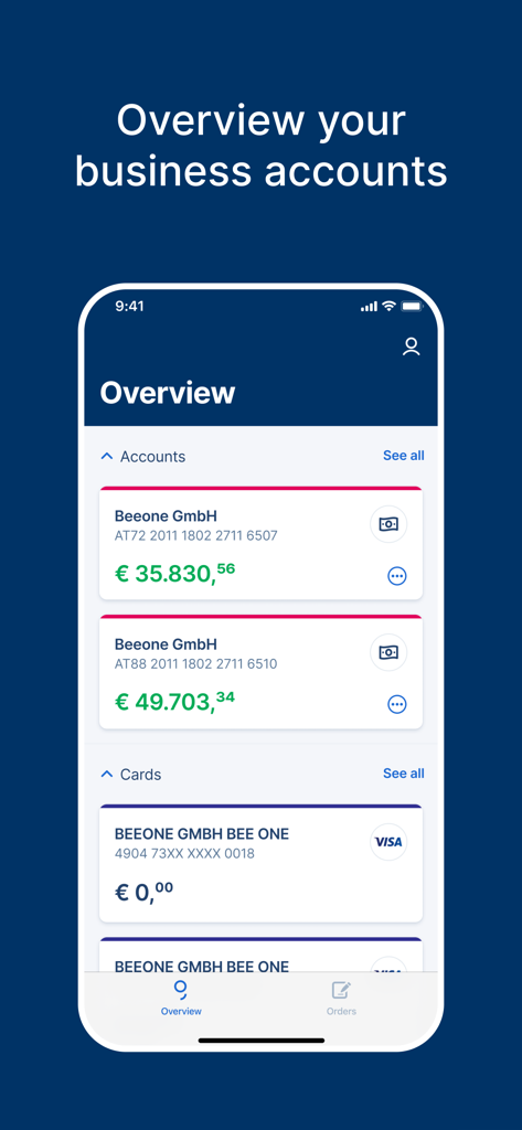 George Business app dashboard showing various company account balances and corporate cards