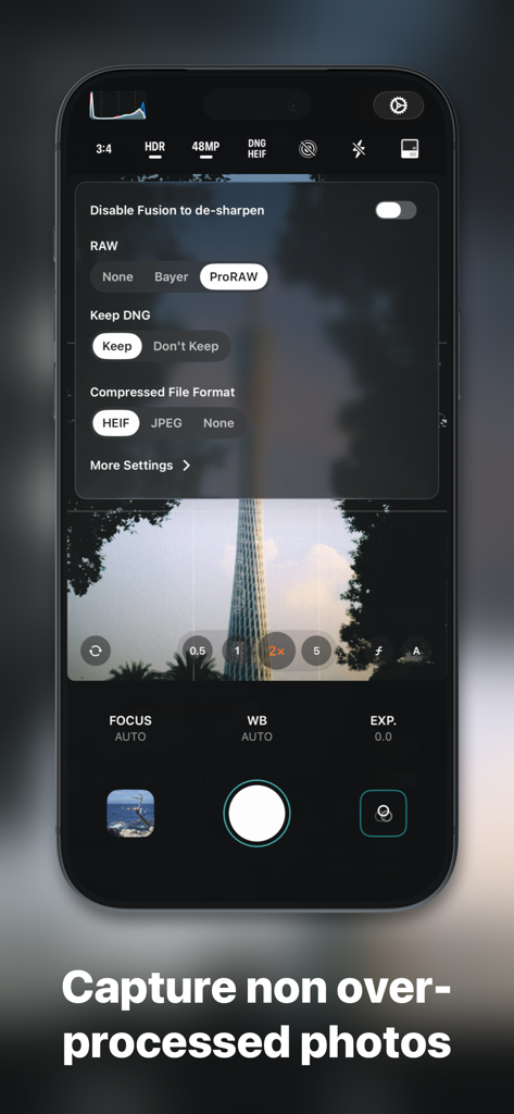 PhotonCam: Extendable Pro Cam - Interfaz de la aplicación PhotonCam que muestra configuraciones manuales para captura ProRAW y formato de archivo HEIF para evitar fotos sobreprocesadas