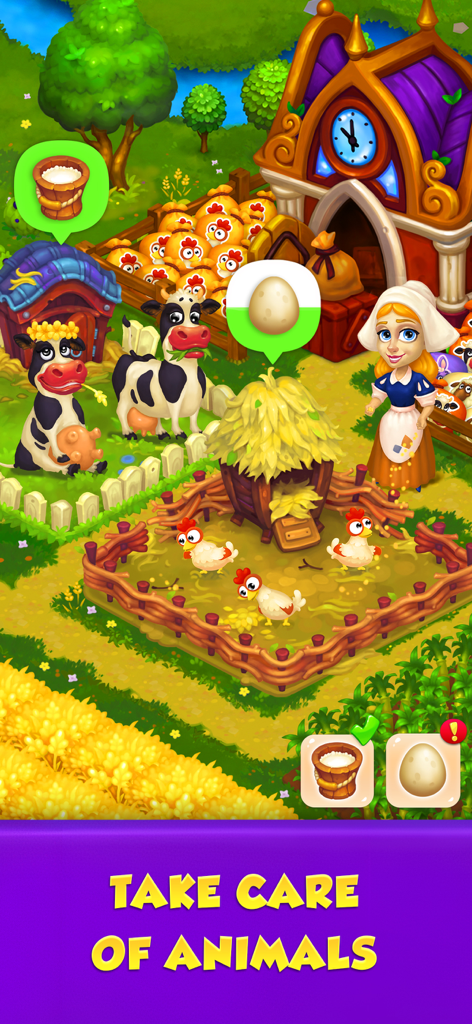 Royal Farm - Gameplay screenshot of Royal Farm showing a character caring for cows and chickens in a fairy tale setting