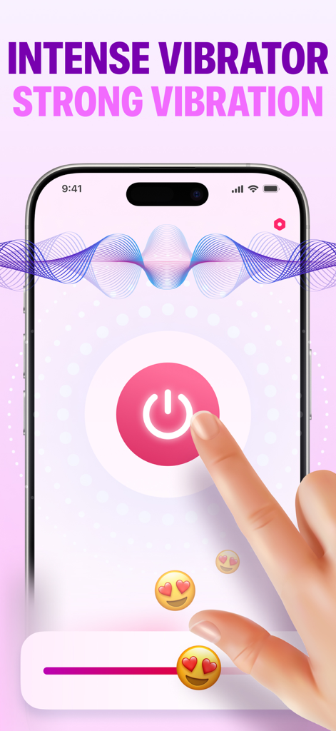 Vibrator: Massager Vibrate App - A smartphone displaying the Vibrator Massager Vibrate App interface with a large power button and intensity control slider.