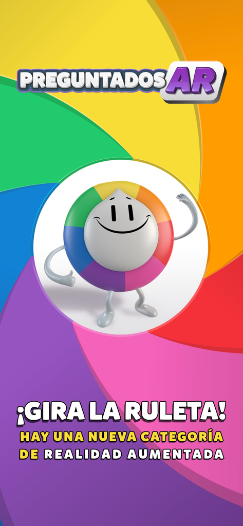 Preguntados AR - Preguntados AR screen featuring the character Willy inside a colorful trivia wheel with a prompt to spin.