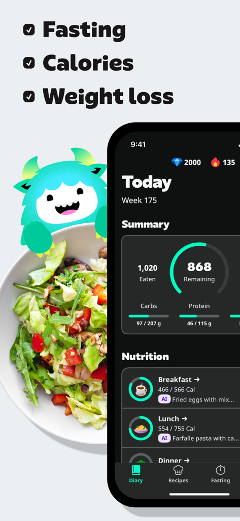 AI Calorie Tracker by Yazio - Yazio AIカロリートラッカーのインターフェース。毎日のカロリー概要とマクロ栄養素の内訳を表示。
