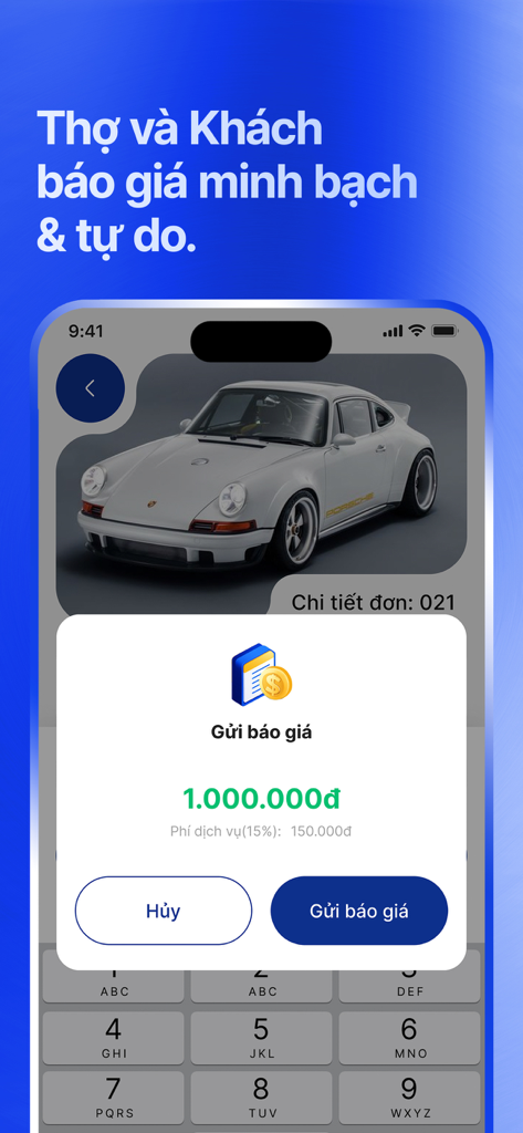 Vua Tho app screen showing a transparent price quotation for a professional service