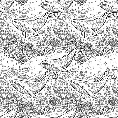 Explore the serene depths of the ocean at night with this captivating seamless pattern coloring page. Featuring majestic whales, playful fish, and sparkling stars, it's perfect for a relaxing creative escape.