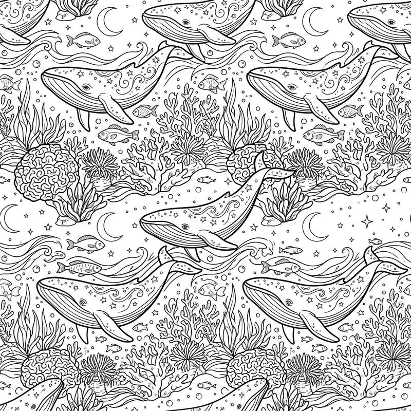 Explore the serene depths of the ocean at night with this captivating seamless pattern coloring page. Featuring majestic whales, playful fish, and sparkling stars, it's perfect for a relaxing creative escape.