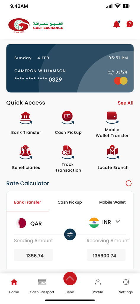 Gulf Exchange App - Gulf Exchange app dashboard showing money transfer services and currency rate calculator for QAR to INR
