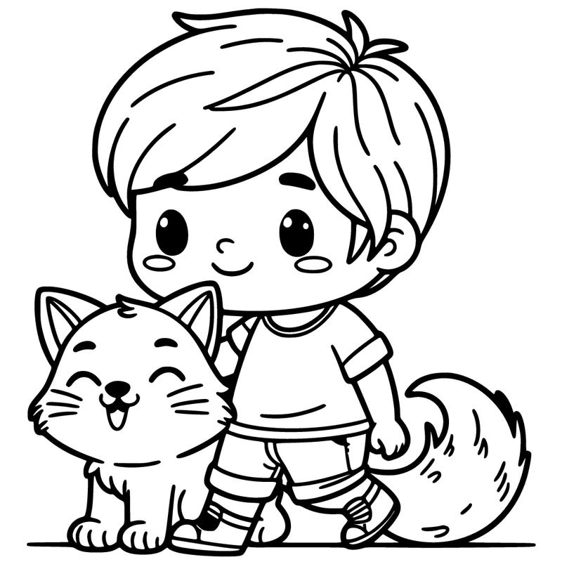 a boy with a cat dog