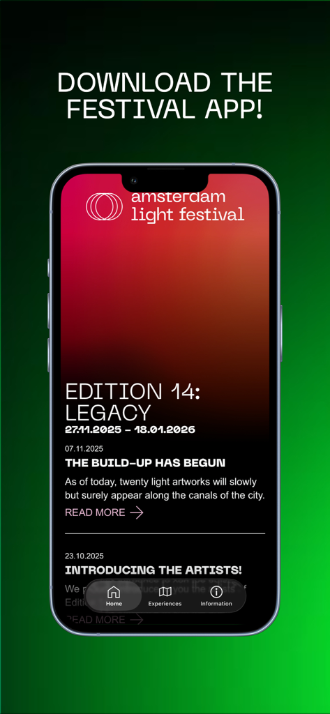 Amsterdam Light Festival - Home screen of the Amsterdam Light Festival app featuring Edition 14 details and festival news.
