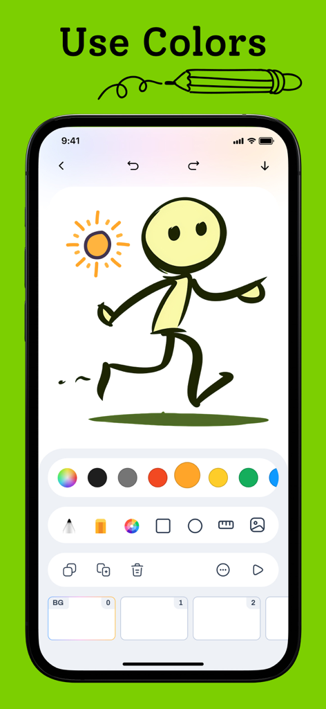 Flipbook Animation Maker- FLIP - Interface of the Flipbook Animation Maker app showing a stick figure drawing with a color selection palette and animation frames