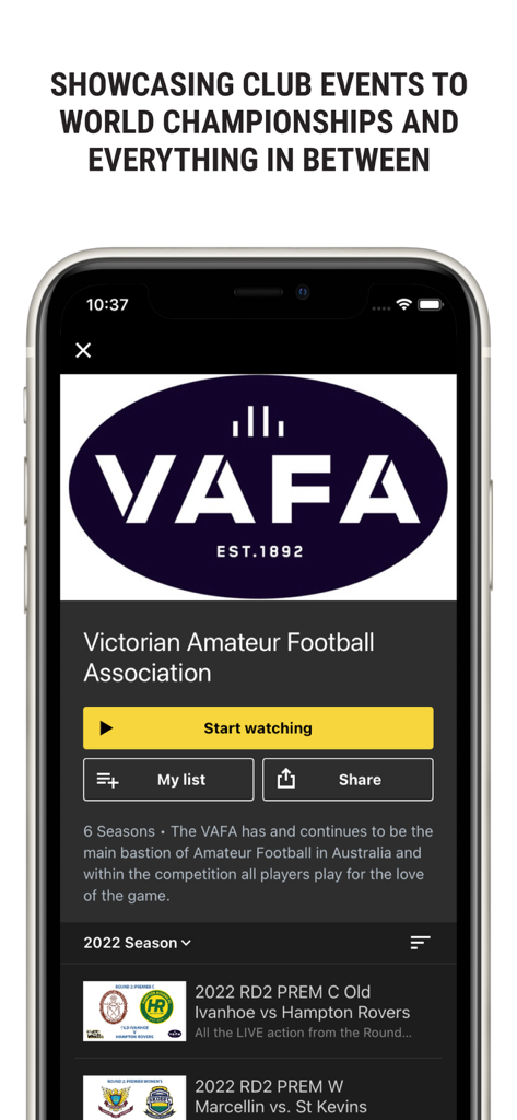 Interfaz de la aplicación My Sport Live mostrando opciones de transmisión de la Victorian Amateur Football Association