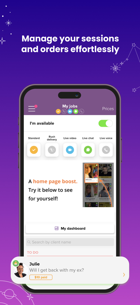 Purple Advisors mobile app interface showing tools for managing psychic readings and client sessions