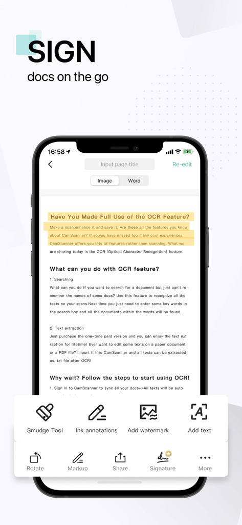 CamScanner + | OCR Scanner - Interfaz de la aplicación CamScanner en un smartphone mostrando la firma de documentos y herramientas de edición avanzadas