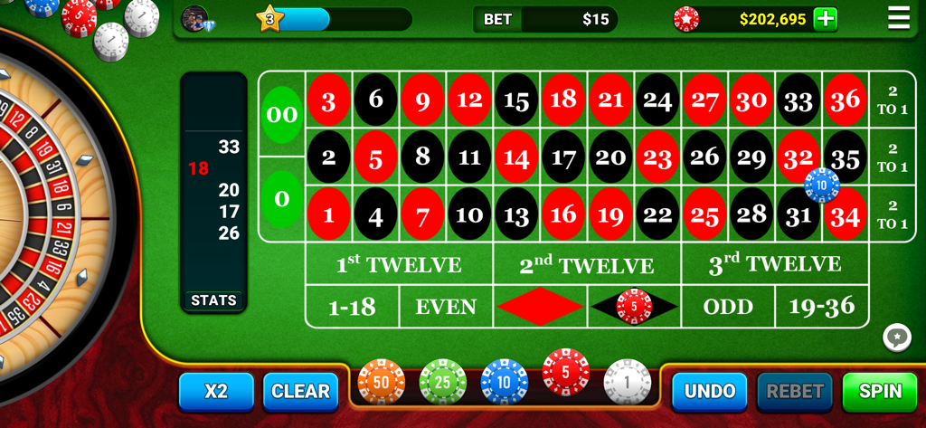 Roulette Casino - Vegas Wheel - Table de roulette de style américain avec des jetons et une roue qui tourne dans une application mobile