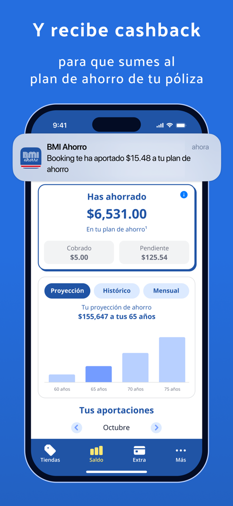 BMI Ahorro Ecuador - Interface of the BMI Ahorro Ecuador app showing savings balance and cashback rewards