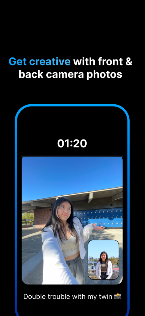 Naakamou 모바일 앱 인터페이스가 전면 및 후면 카메라 보기와 카운트다운 타이머로 즉흥적인 듀얼 카메라 사진 공유를 보여줌