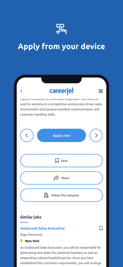 Careerjet Job Search - Pantalla de la aplicación móvil que muestra una descripción del puesto con un botón de Solicitar Ahora y opciones para guardar o compartir