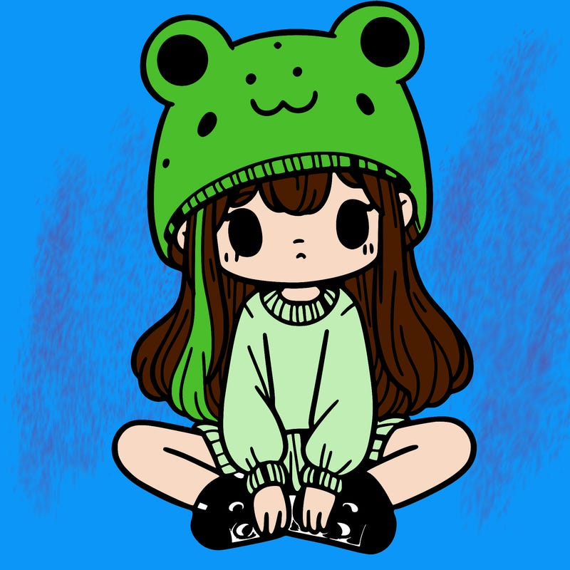 a girl wearing a frog hat and some frog socks