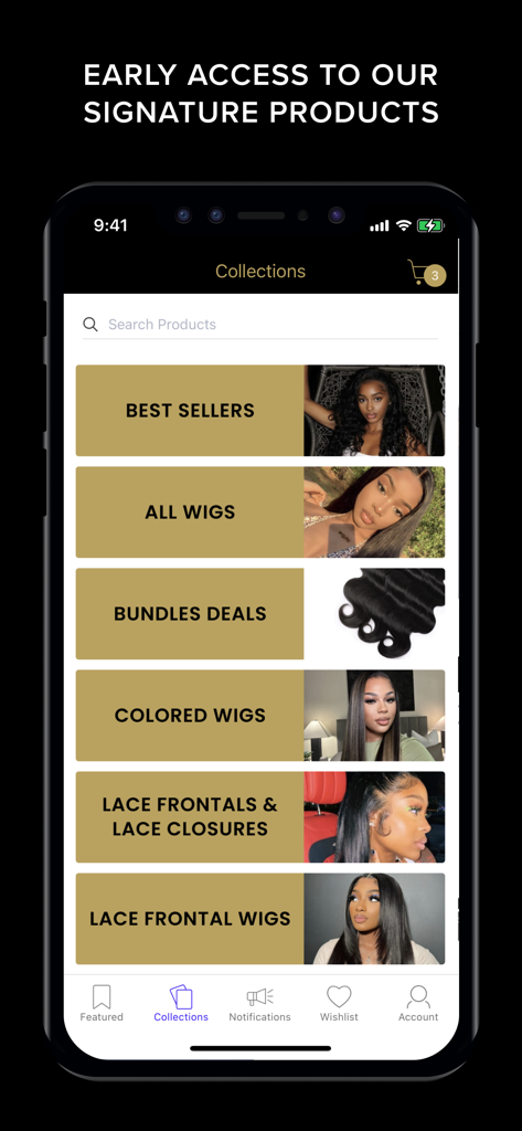 Wigdealer app collections screen featuring categories for premium wigs bundle deals and lace frontals