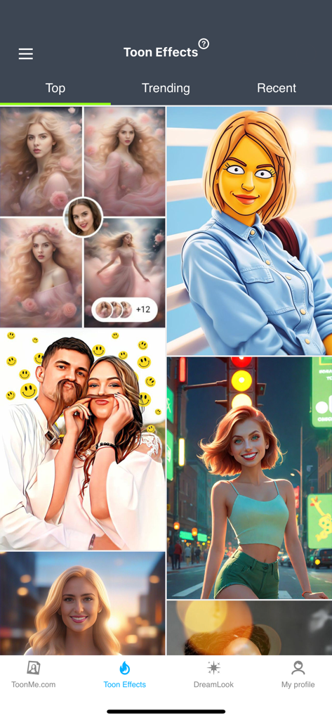 Interfaz de la aplicación ToonMe que muestra varios filtros de dibujos animados con IA y estilos de retratos artísticos