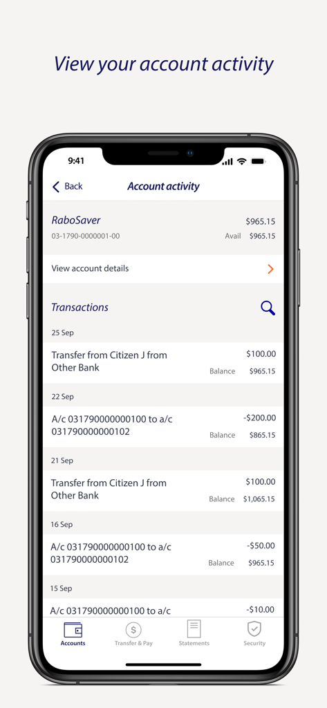 Rabobank Online Savings NZ - Transaction history and account activity screen in the Rabobank Online Savings NZ mobile app