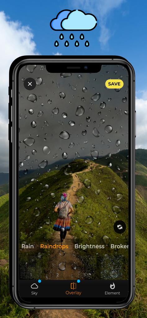 Interfaz de la aplicación SkyPic que muestra la aplicación de un efecto de superposición de gotas de lluvia a una foto de un excursionista en un sendero de montaña