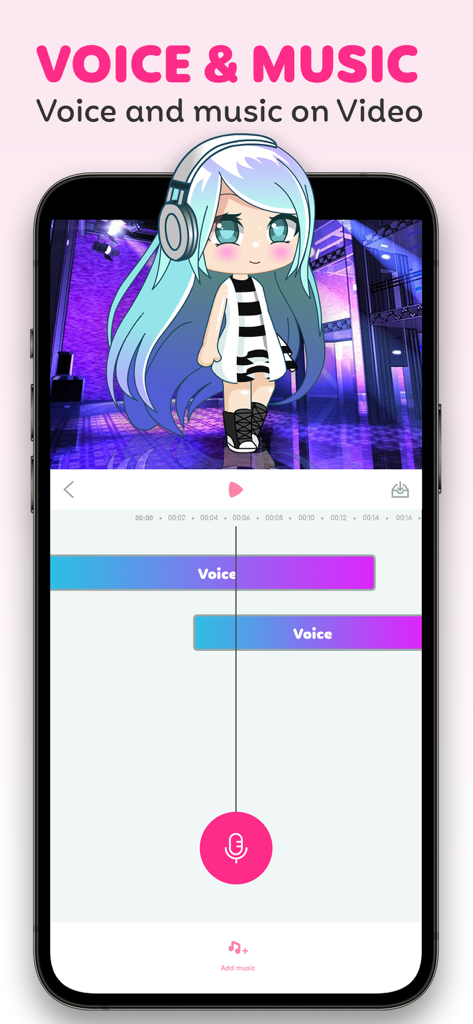 Lala Kids: Create Life Story - Lala Kids app interface showing voiceover and music tracks for video editing with an animated character