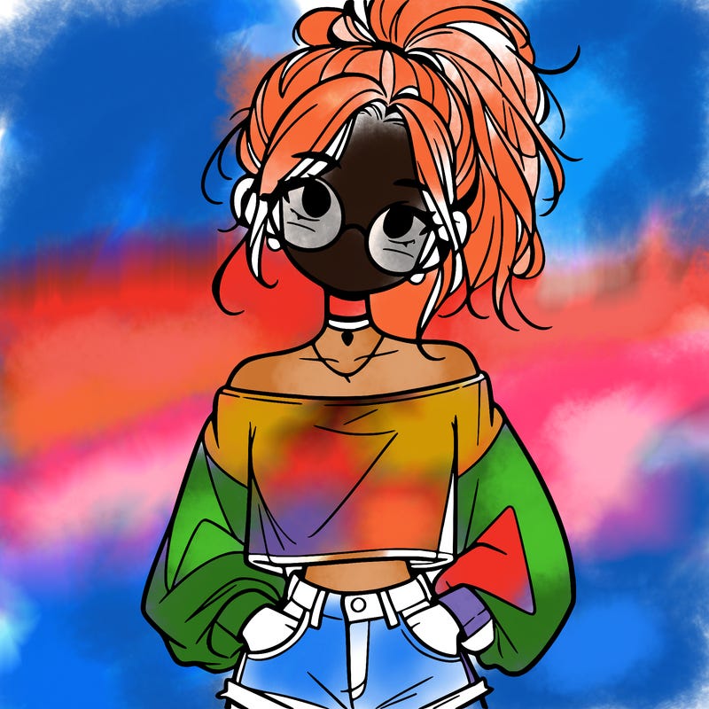 girl with a messy ponytail glasses a baggy crop top and jean shorts