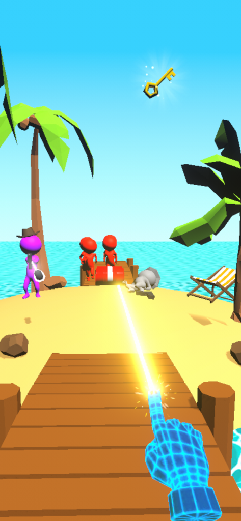 Gameplay of Magic Finger 3D showing a blue holographic hand aiming a laser at enemies on a tropical island