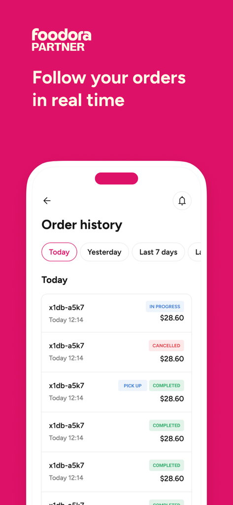 foodora partner - Mobile screen of the foodora partner app showing the order history dashboard with real-time status updates for restaurant orders.
