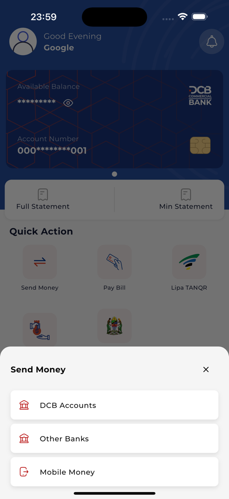 DCB Pesa Plus - Panel de la aplicación DCB Pesa Plus que muestra el menú Enviar Dinero con opciones para cuentas bancarias y dinero móvil