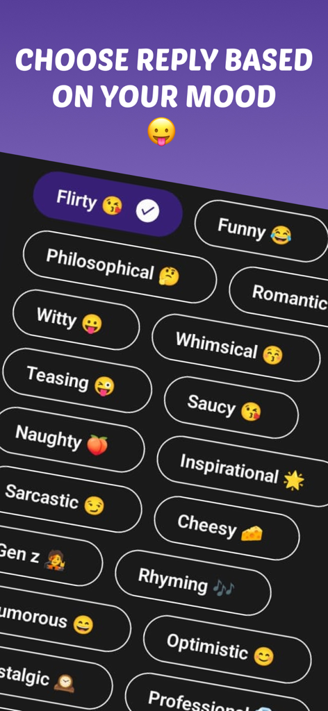 Reply AI - Your Chat Assistant - Mobile screen of Reply AI showing various chat mood options like flirty funny witty and professional