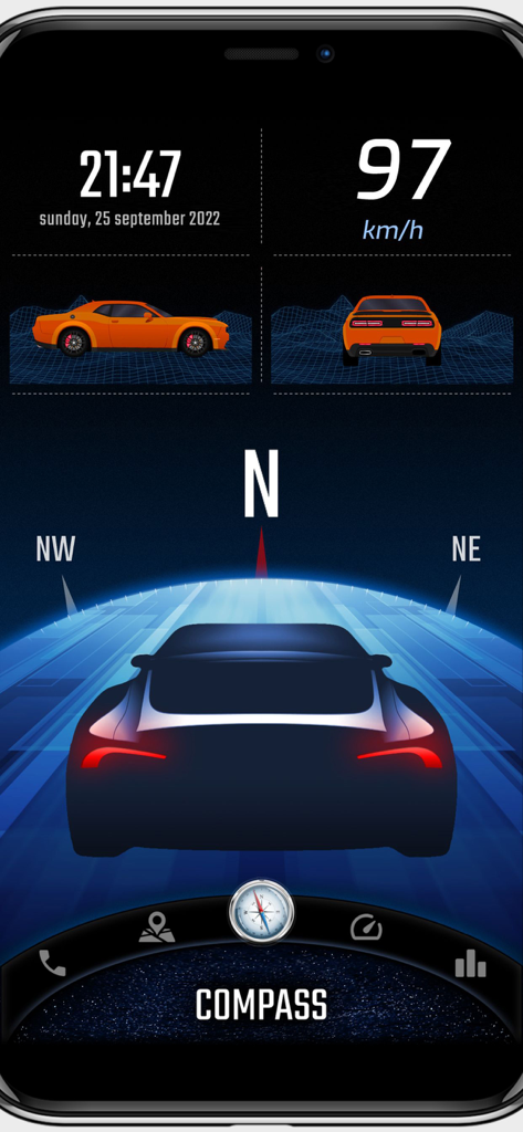 Digital Cockpit - CARID - Digital Cockpit app interface featuring a speedometer GPS compass and vehicle inclinometer