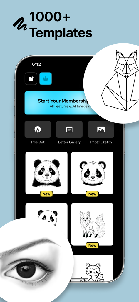 Projector AR Drawing - Creator - Interfaz de la aplicación Projector AR Drawing que muestra varias plantillas y categorías de dibujo para bocetos creativos