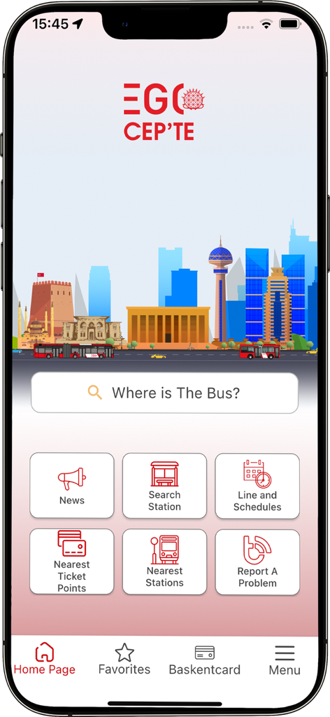 EGO CEPTE mobile app home screen for Ankara transit showing bus search and navigation options