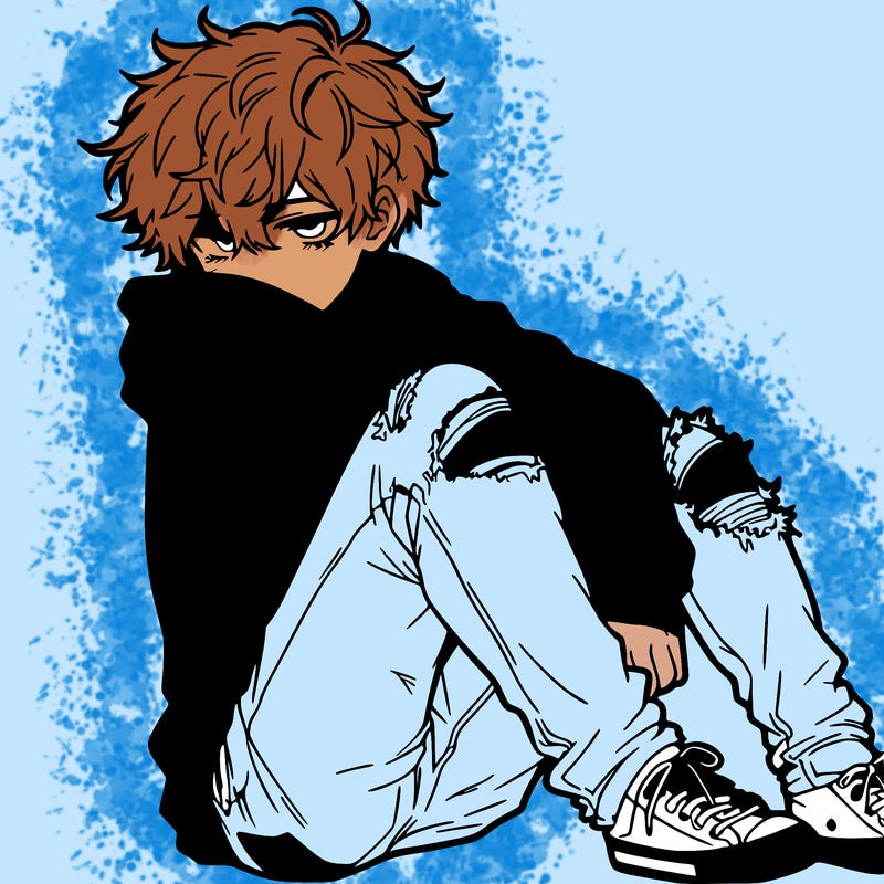 a male hoddie ripped jeans messy hair anime