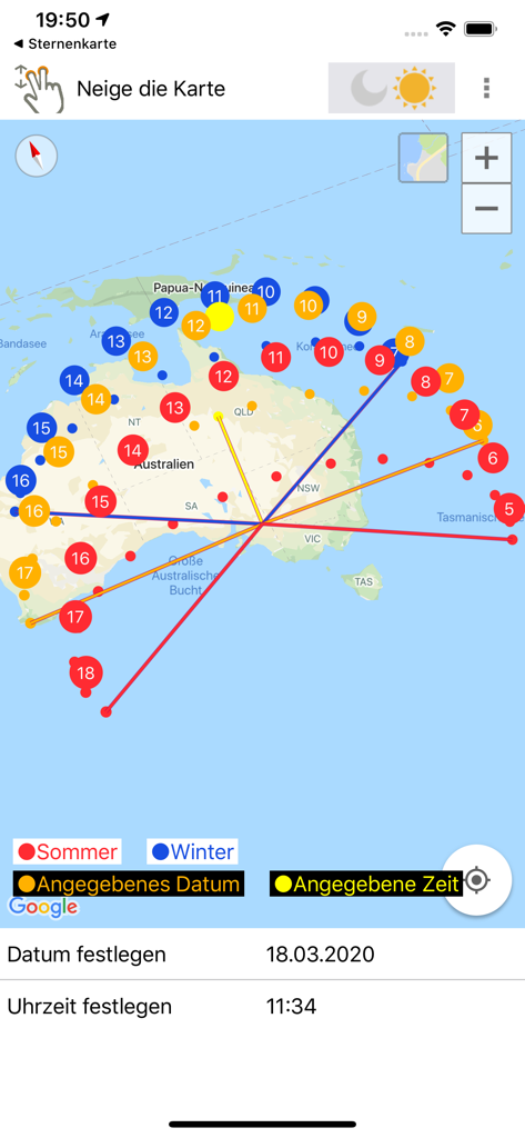 Map showing seasonal sun trajectories over Australia