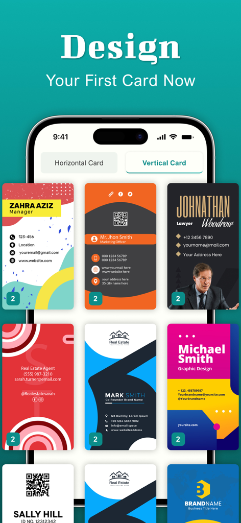 Business Card Maker : Creator - Interface of Business Card Maker app showing various vertical business card design templates on an iPhone