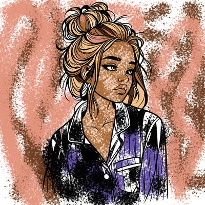 realistic woman with pajamas on and a messy bun