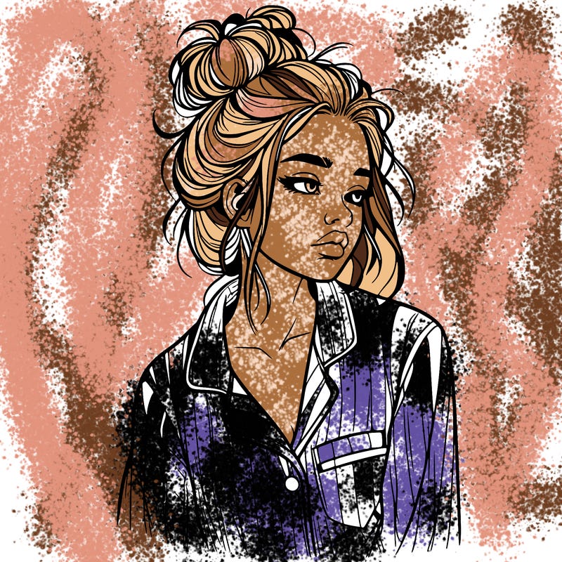 realistic woman with pajamas on and a messy bun
