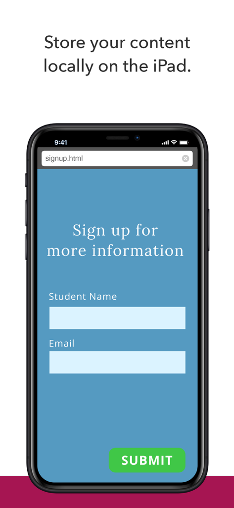 Kiosk Pro Basic - iPhone screen showing a sign up form for more information using locally stored HTML content in Kiosk Pro Basic